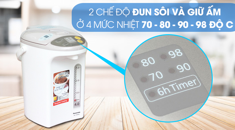 Bình có thể đun sôi và giữ ấm ở 4 mức nhiệt độ 70, 80, 90 và 98 độ C