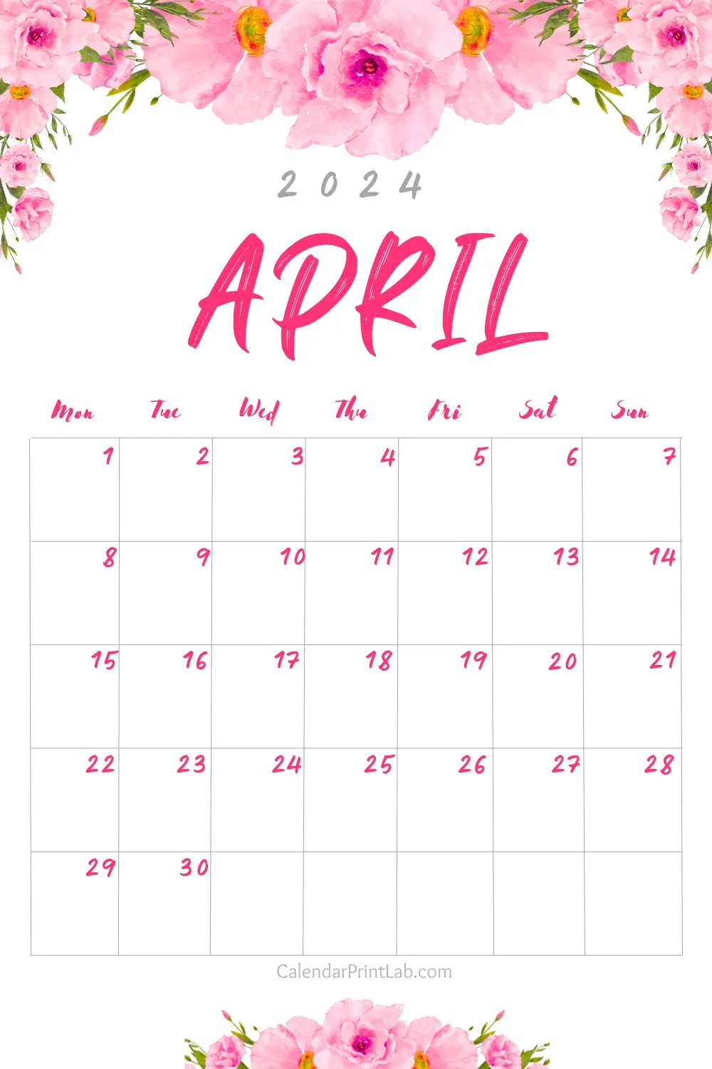 April 2024 Pink Floral Calendar