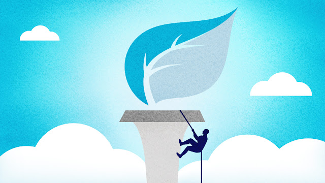 A graphic of a person climbing an Olympic torch - the fire of the torch is replaced by a blue and gray leaf.