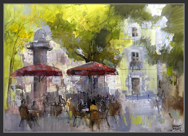 CADIZ-PINTURA-ARTE-PLAZA DE MINA-TERRAZAS-RESTAURANTES-PAISAJES-CENTRO HISTORICO-QUIOSCO-ARBOLES-PINTOR-ERNEST DESCALS