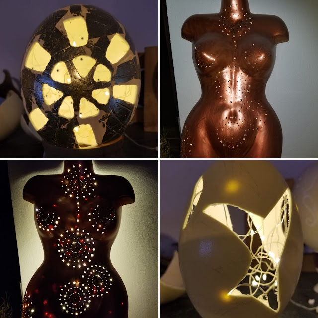 Auswahl der Werke, Lampen aus Strausseneiern und Torsos von Schaufensterpuppen