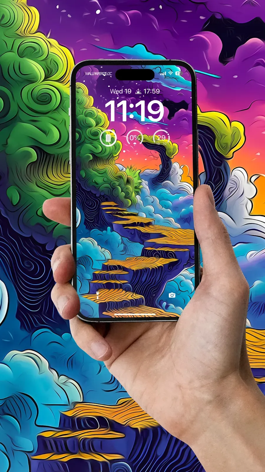 Hand holding a phone with a vibrant, whimsical landscape.

