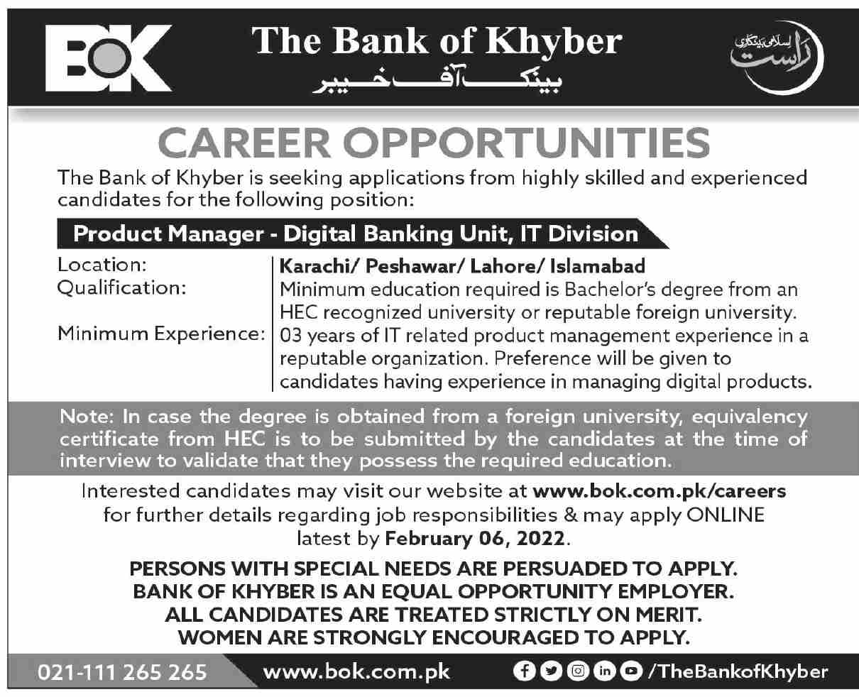 Bank of Khyber BOK Jobs 2022 – Apply Online via bok.com.pk