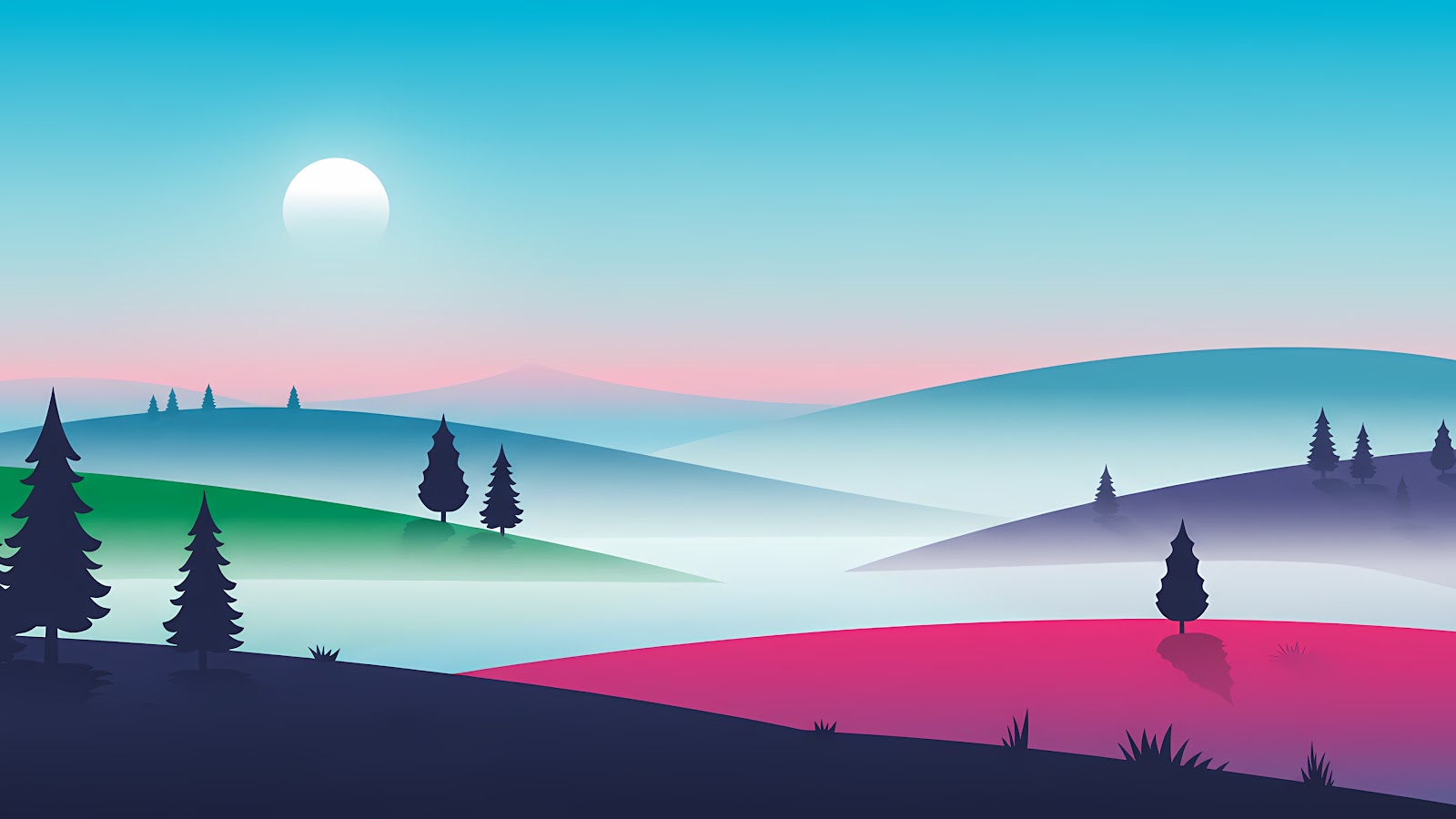 A colorful misty landscape with silhouetted trees, gradient hills, and a bright moon, ideal as a cool wallpaper for laptop.