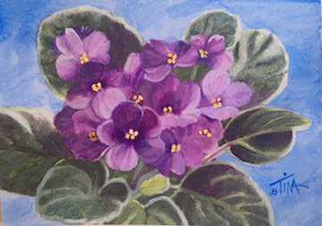 African violet painting finished after a unifying wash of color.