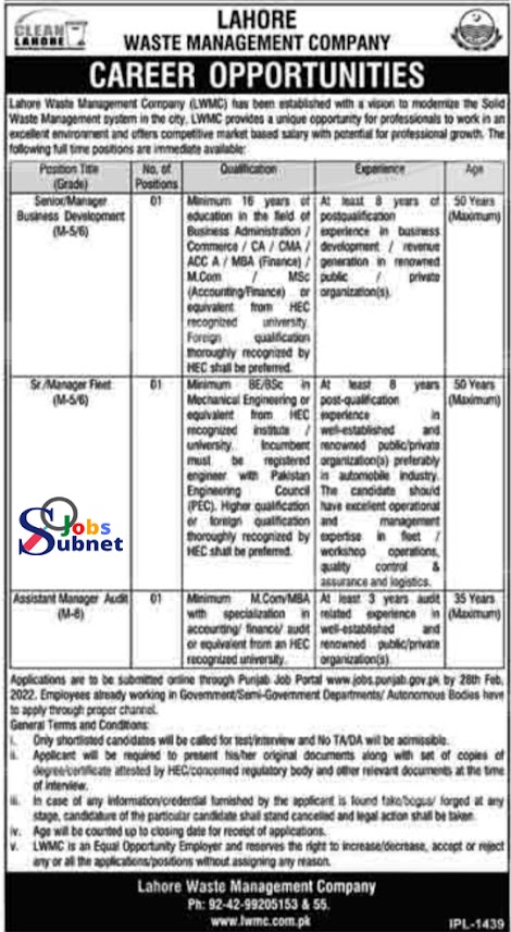 Latest Lahore Waste Management Company LWMC Jobs 2022