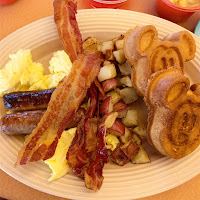 mickey waffle with eggs and bacon