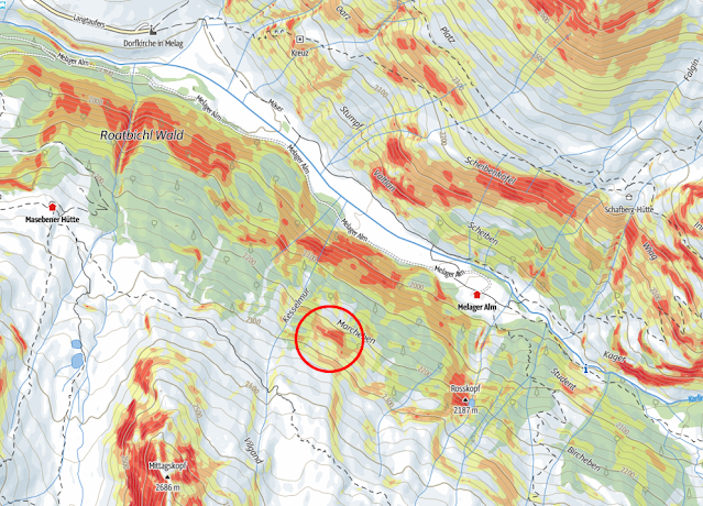 Nel cerchio rosso il luogo dell’incidente, a sudest di Melago. ((C) outdooractive/alpenvereinaktiv.com)