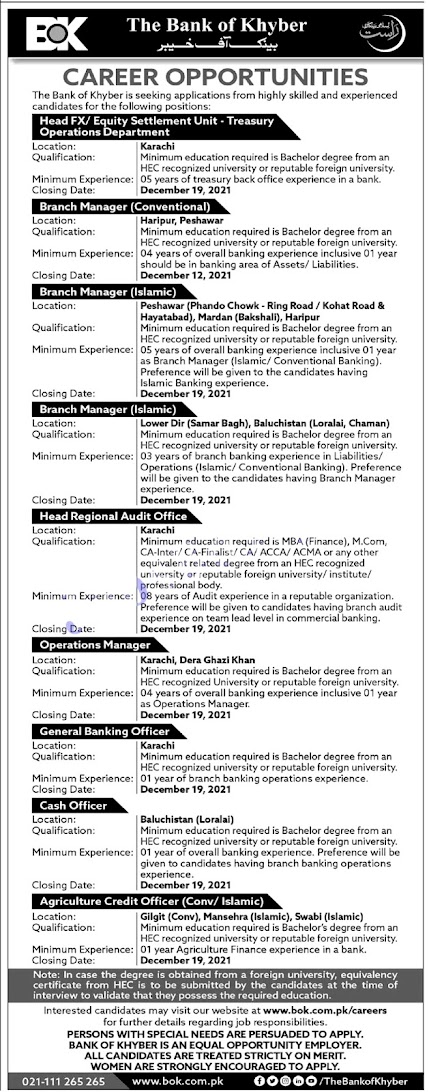 Bank of Khyber BOK Jobs 2021 - Apply online