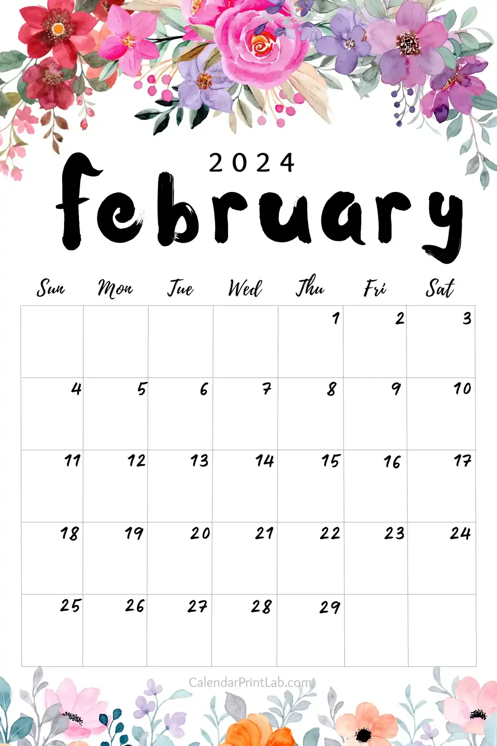 Floral February 2024 Calendar Printable