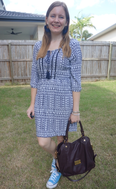 boho tassel dress earrings blue converse coast sneakers MbMJ Fran bag | awayfromblue