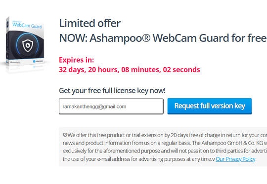 licence gratuite à vie d'Ashampoo WebCam Guard