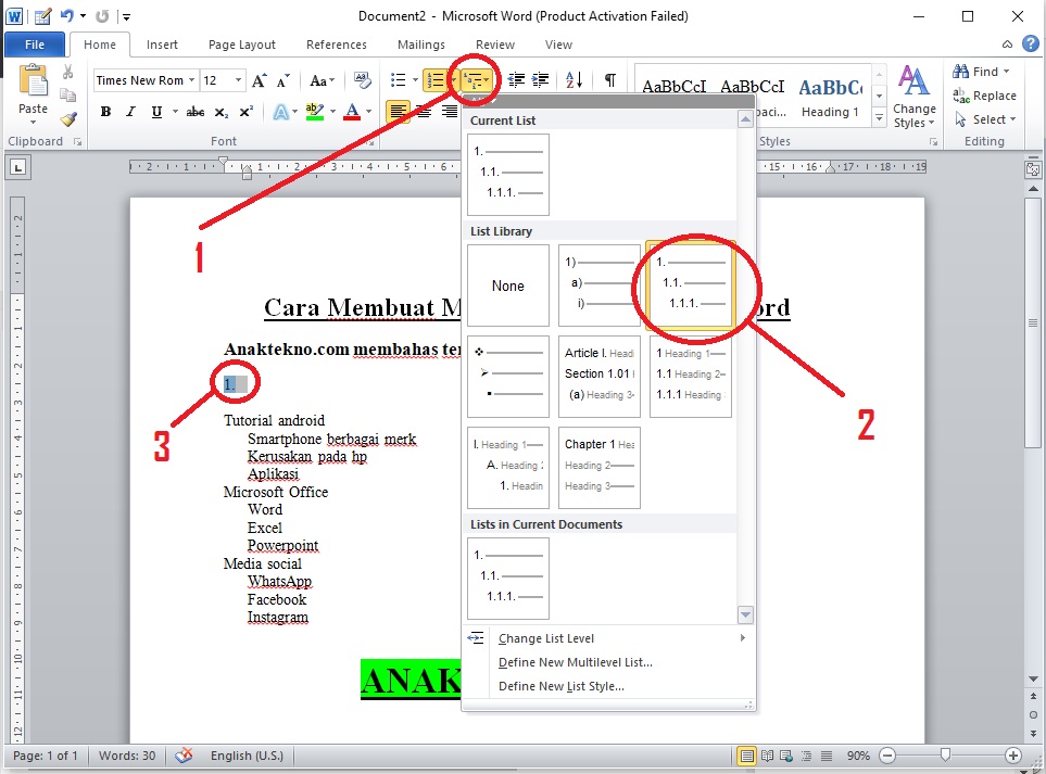 Membuat multilevel list di Word