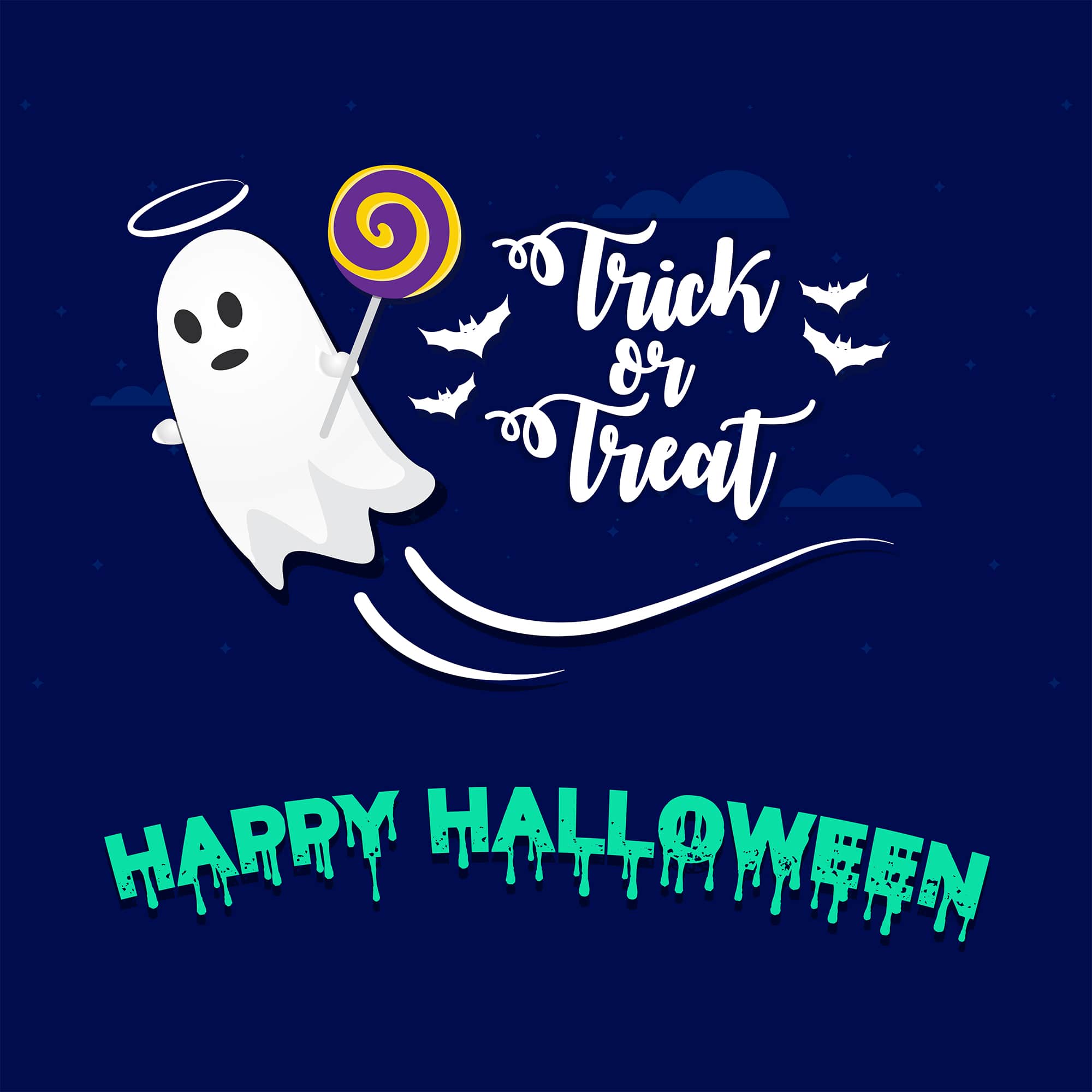 Trick or Treat vector template for Halloween with cute ghost illustration design