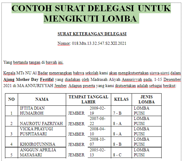 SURAT KETERANGAN DELEGASI  Nomor: 018.Mts.13.32.547.S2.XII.2021    Yang bertanda tangan di bawah ini,  Kepala MTs NU Al Badar menerangkan bahwa sekolah kami akan mengikutsertakan siswa-siswi dalam Ajang Mother Day Festifal yang diadakan oleh Madrasah Aliyah Annuriyyah pada, 1-15 Desember 2021 di MA ANNURIYYAH Jember. Adapun peserta yang kami ikutsertakan adalah sebagai berikut: