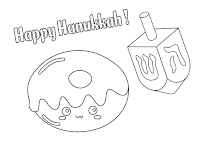 Happy Hanukkah dreidaal and donut coloring page