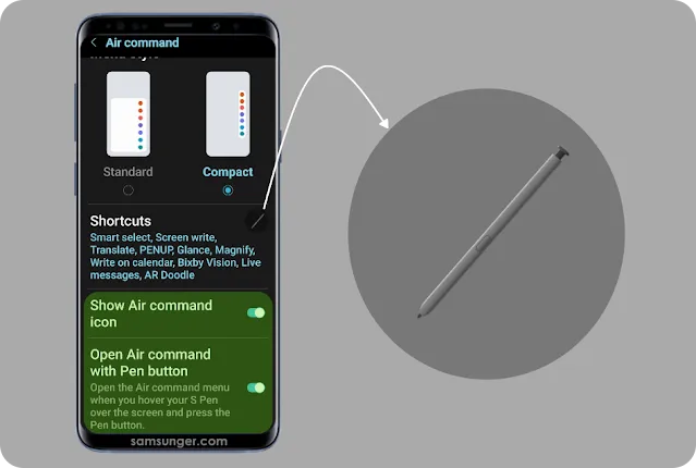 Air Commands Icon and Air Commands Menu in Settings Picture