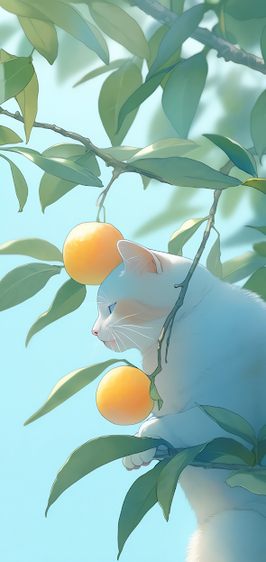 Kawaii Anime Cat in an Orange Tree - Cute Mobile Wallpaper