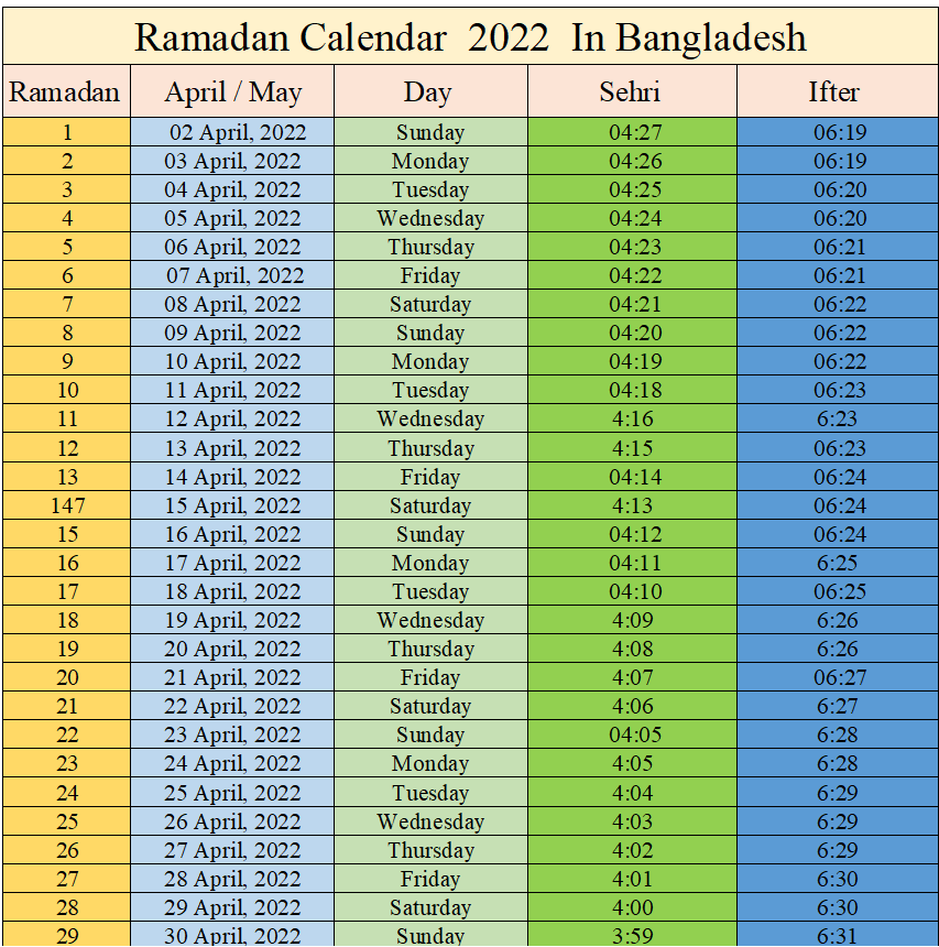 Ramadan Calendar 2022