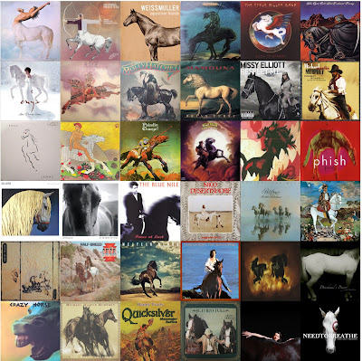 A composite image of 36 music album covers with horses on them