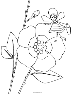 print and color coloring page with a bee stick figure and a wild rose- available in jpg and transparent png