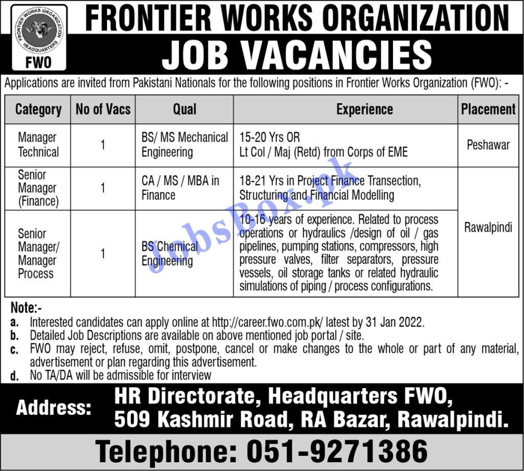 FWO Frontier Works Organization Jobs 2022 in Pakistan