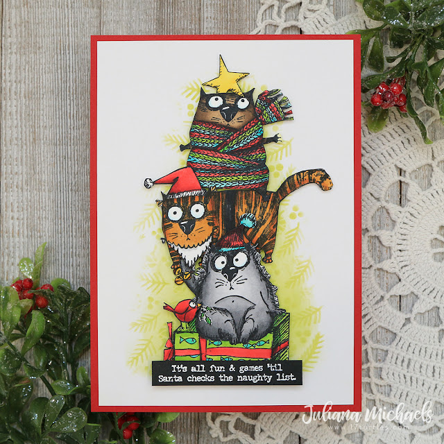 Snarky Cats Christmas Tree Card by Juliana Michaels Tim Holtz Stampers Anonymous