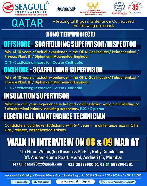 Offshore and Onshore Job Vacancies in Qatar : Walk-in-Interview