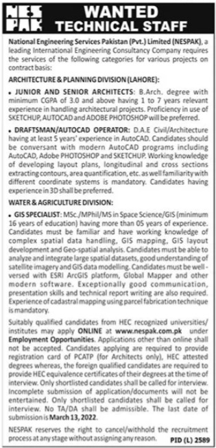 National Engineering Services Pakistan NESPAK Technical Staff Jobs 2022