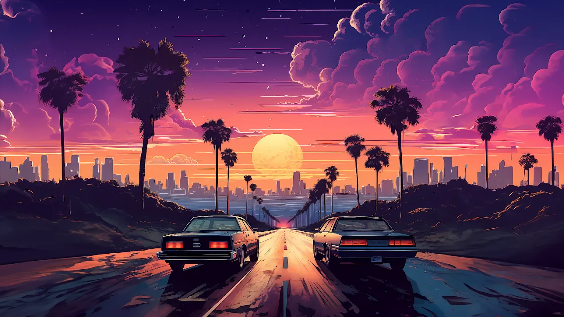 Retro sunset, synthwave inspiration, neon skyline, vintage cars, palm tree
  silhouettes, dusk drive, GTA VI Background Wallpaper 4K 3840x2160 pixels for
  PC Desktop/Laptop.