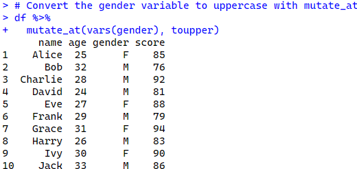 Convert the gender variable to uppercase with mutate_at function of dplyr using R