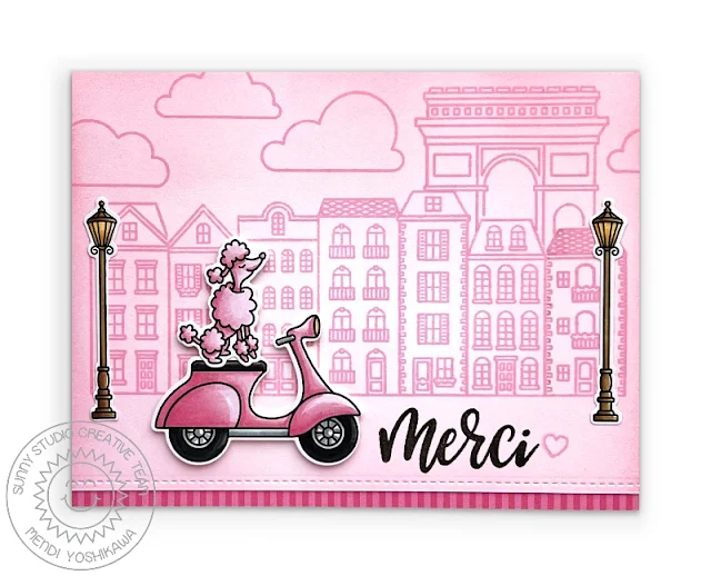 Sunny Studio Pink Poodle on Scooter Merci Thank You Card (using Paris Afternoon, Charming City & Critters on the Go Stamps)