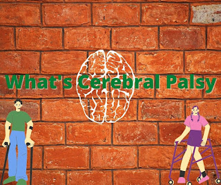 one male standing with arm crutches and one young girl using a walker. The background is a brick wall with a brain and text says What's Cerebral Palsy