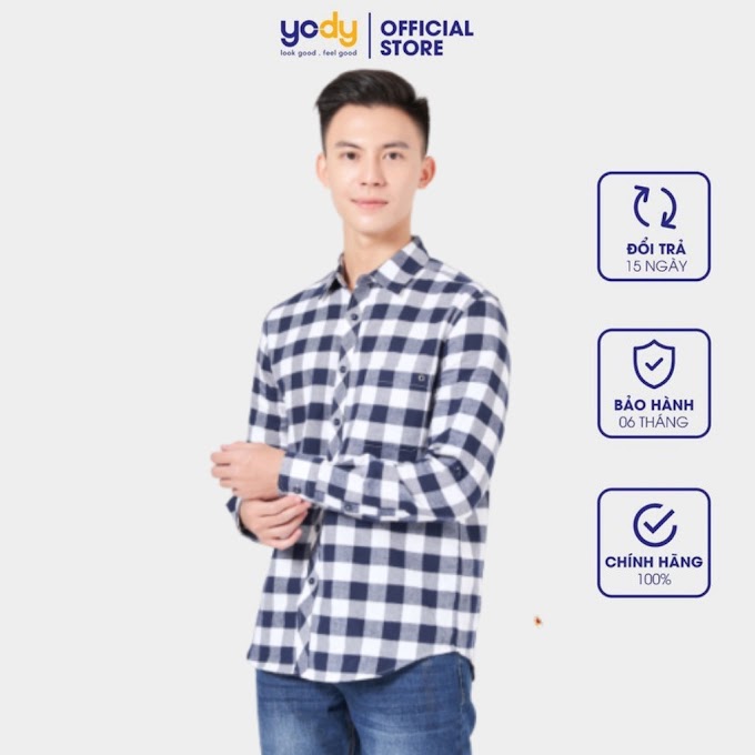 Mall Shop [ yody.official ] Áo sơ mi nam YODY dài tay có túi ngực họa tiết kẻ caro basic trẻ trung SMM4079