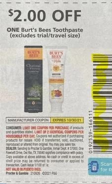 $2.00/1-Burt’s Bees Adult Toothpaste Coupon from "P&G" insert week of 10/10/21.