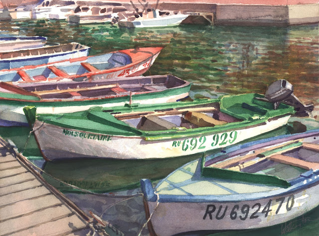 Watercolour of several small traditional fishing boats moored in a port, "Le Port de Saint-Gilles," by William Walkington