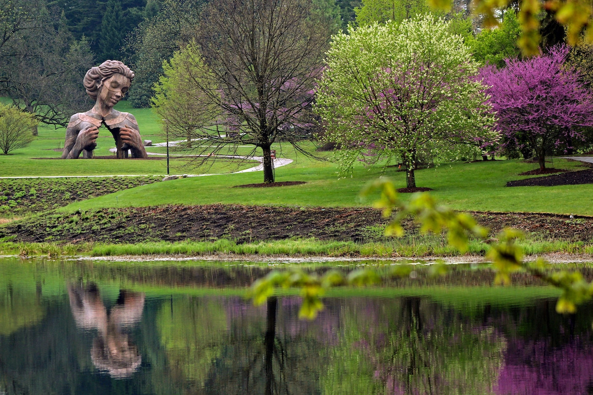 A large wooden sculpture of a lady's head and shoulders looks out across a park full of trees