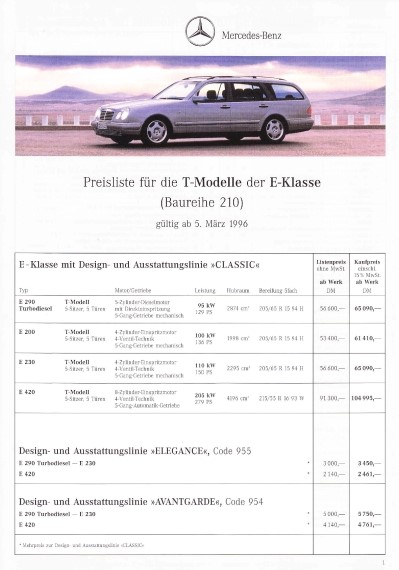Mercedes-Benz S 210 E-Klasse T-Modell Preisliste 03/1996