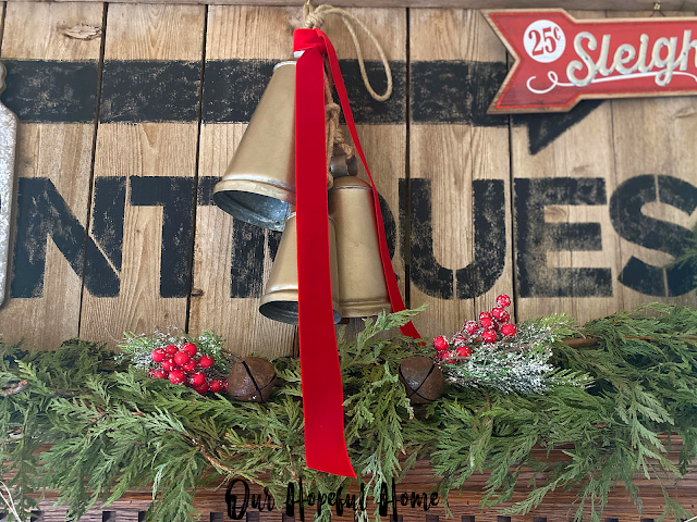 25 cent sleigh ride sign gold cow bells mantel Christmas decor