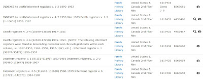 Screen capture showing death registers and interment registers for Prospect Cemetery in Toronto, Ontario, Canada found on FamilySearch.