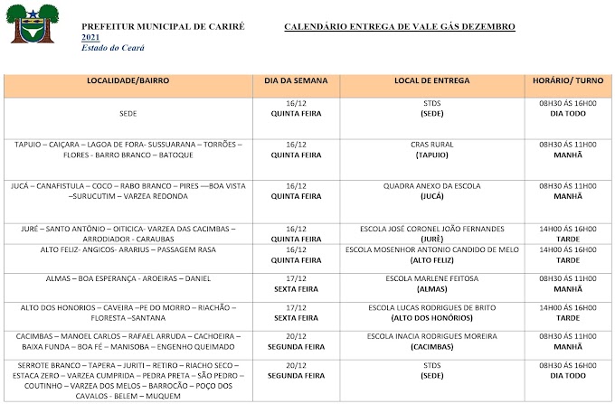 Calendário da entrega e listas dos Beneficiários do Vale Gás de Cariré-CE; confira tudo aqui!