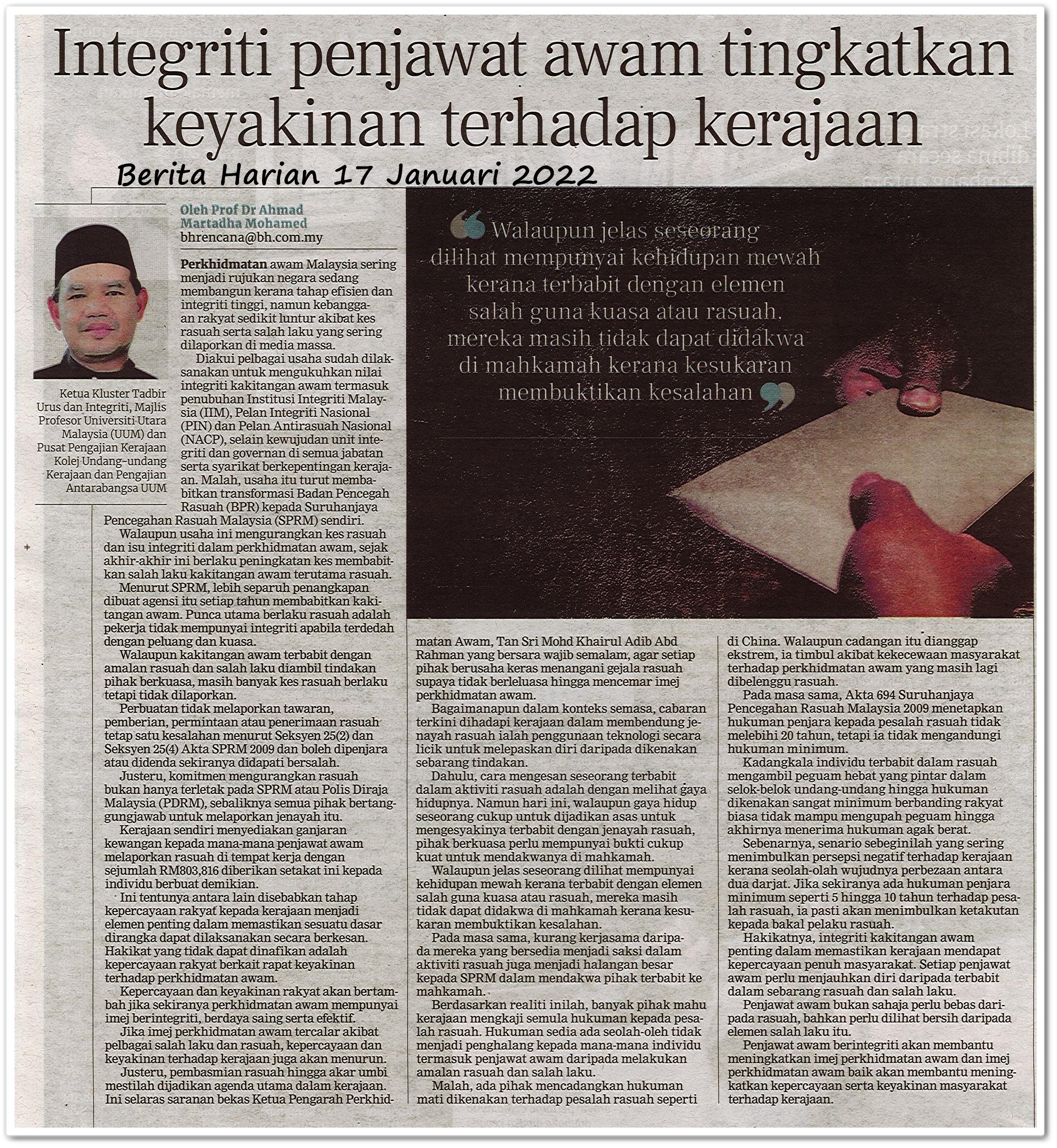 Integriti penjawat awam tingkatkan keyakinan terhadap kerajaan - Keratan akhbar Berita Harian 17 Januari 2022