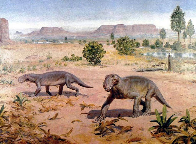 Хищные звероподобные рептилии на фоне ландшафта пермского периода.