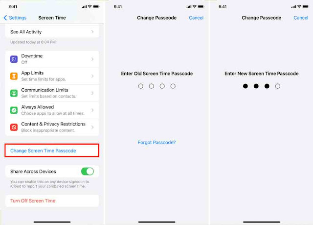 قم بتغيير رمز مرور وقت الشاشة على iPhone وأدخل رمز مرور وقت الشاشة القديم والجديد