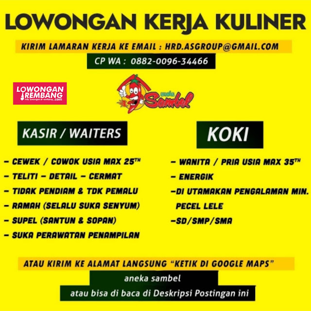 3 Lowongan Kerja Kasir Waiters Koki Rumah Makan Aneka Sambel Rembang Tanpa Syarat Pendidikan