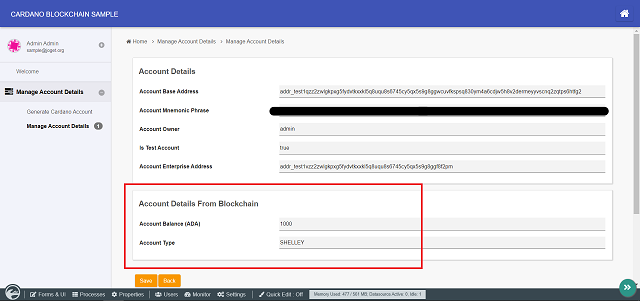 Additional account details loaded directly from Cardano blockchain