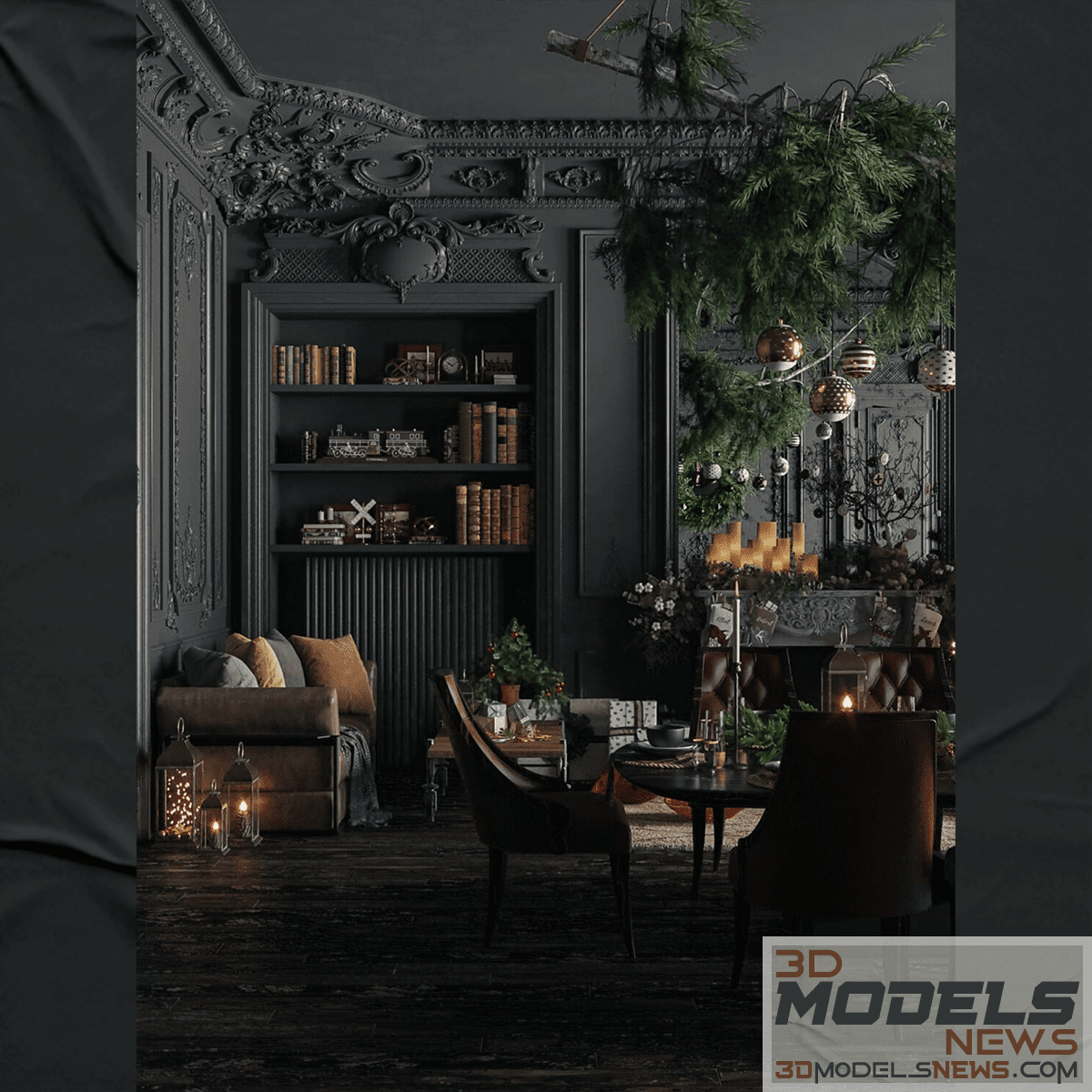 Dark classic interior scene for living room and dining room 13