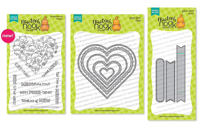 Heartfelt Meows Stamp Set, Heart Frames Die Set and Banner Trio Die Set by Newton's Nook Designs