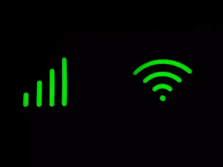 4 green bars on a black background with the 4th higher than the 3rd the 3rd higher than the 2nd and the 2md higher than the 1th. There is also a Green curved WiFi signal indicator on the right.