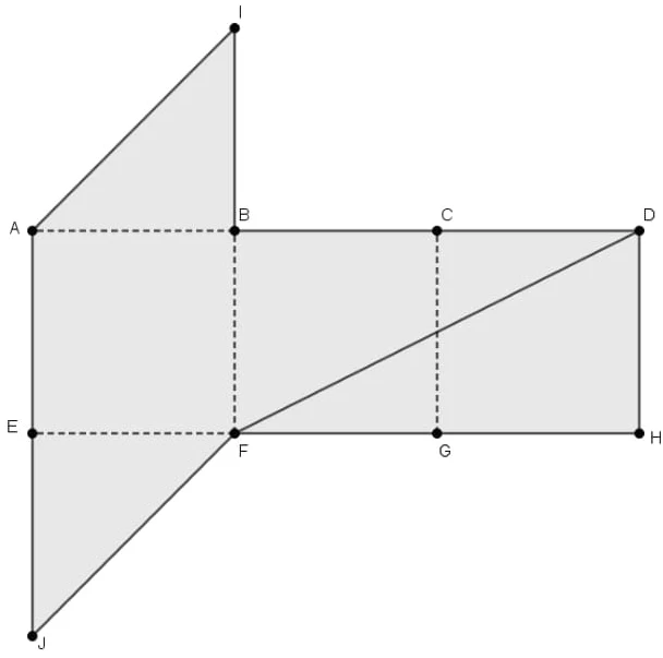 Ana comprou um terreno formado pela união dos três quadrados ABFE, BCGF e CDHG e dos dois triângulos retângulos isósceles ABI e EFJ, conforme na figura abaixo.